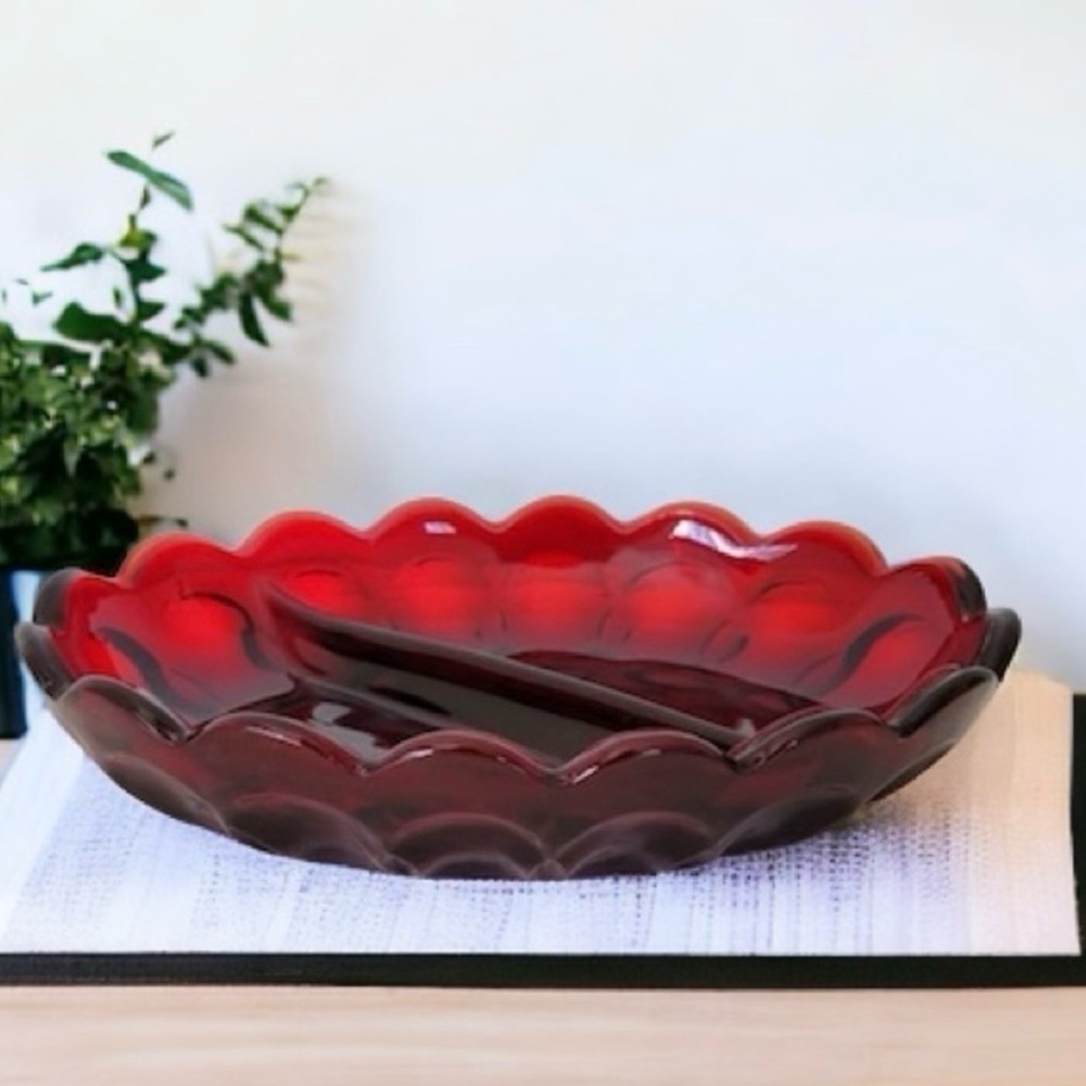 Vintage Ruby Federal Glass Slotted Dish, Nuts dish, relish dish, Trinket dish